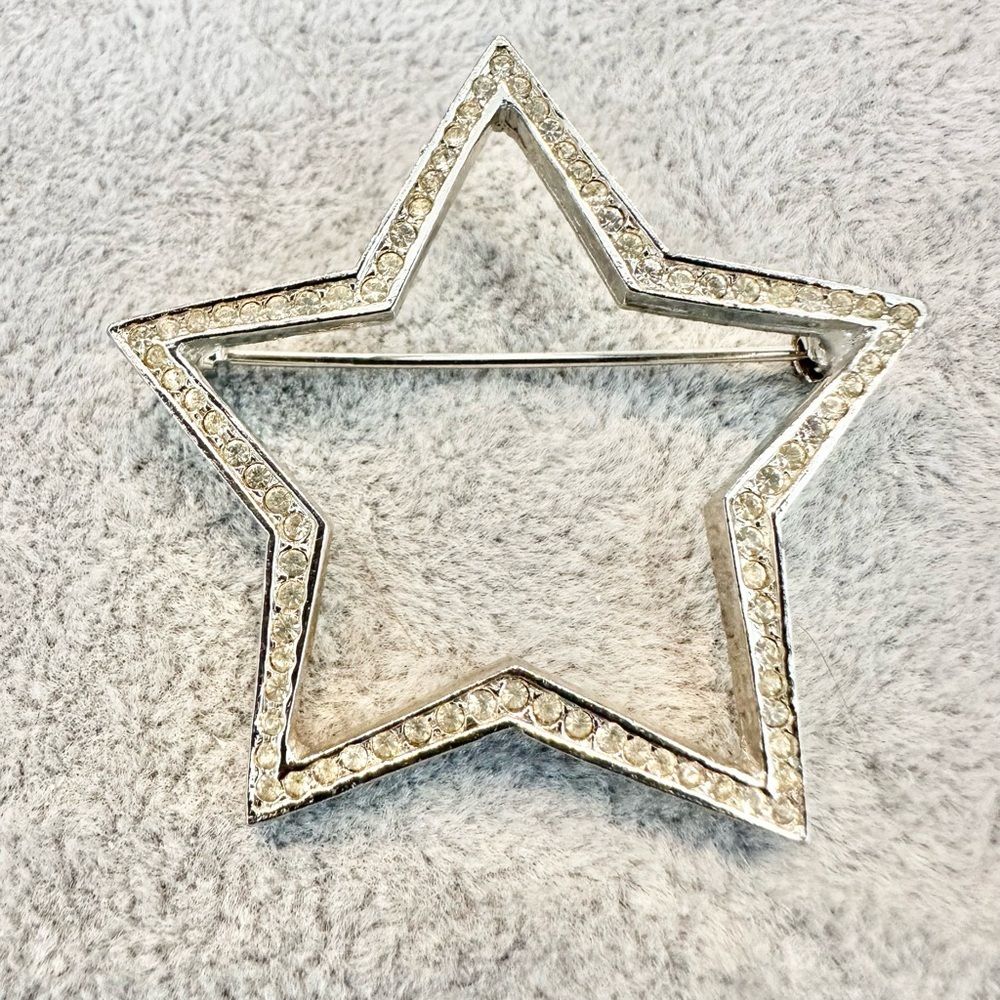 Vintage Signed Polcini Silver Tone Pave Clear Rhinestone Open Star Brooch Pin